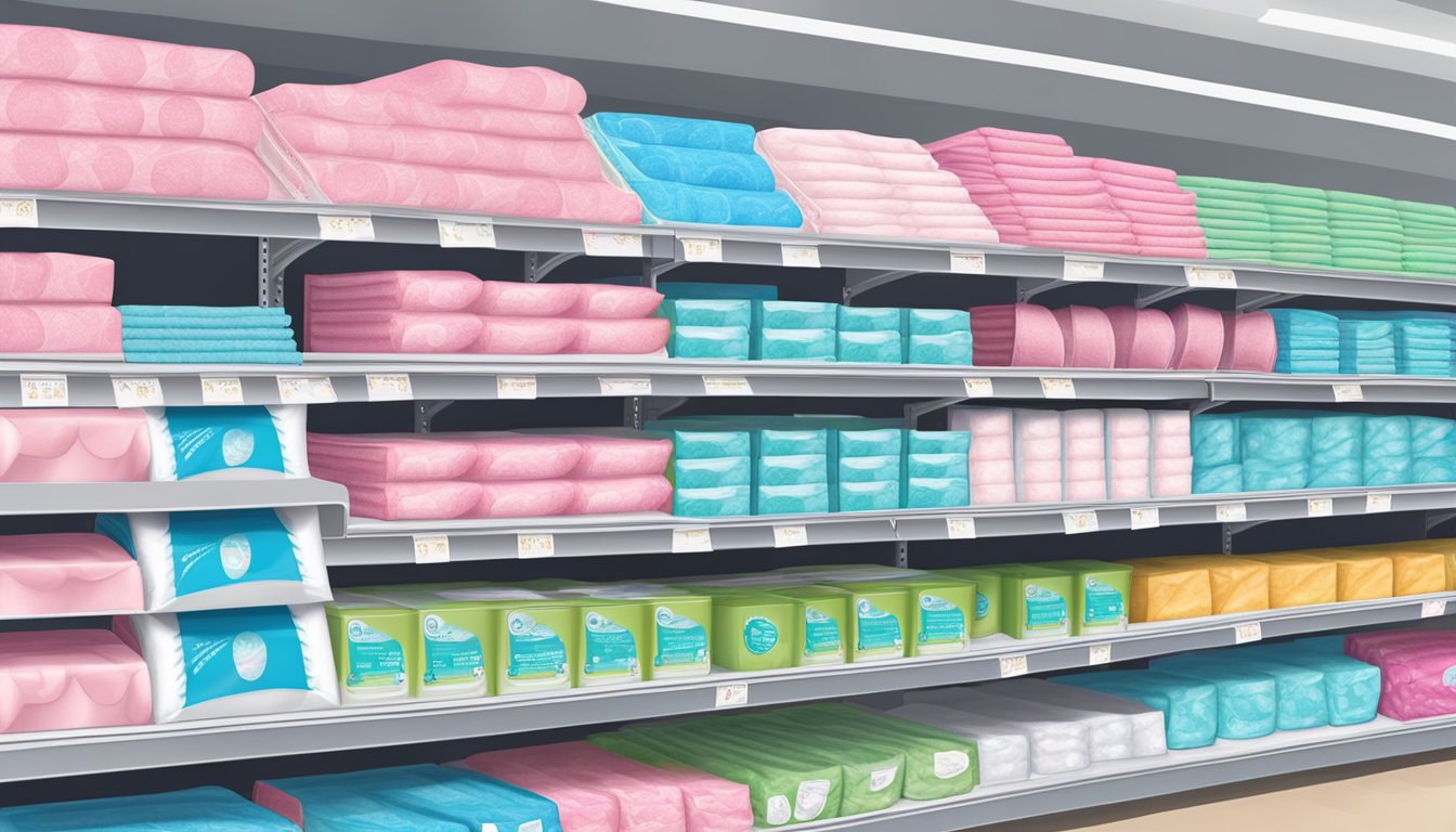 A variety of feminine hygiene pads displayed on shelves at Market Basket