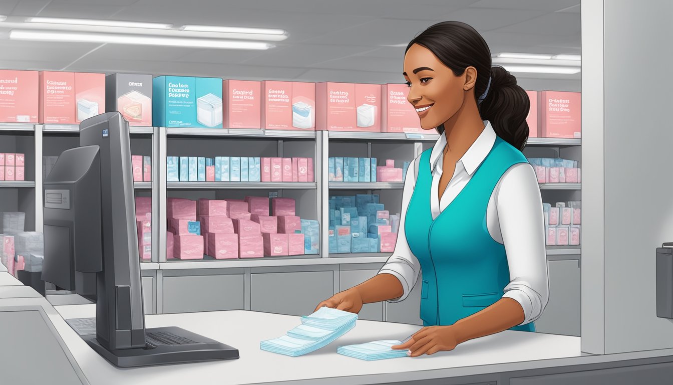 A customer returning a pack of feminine hygiene pads at a Costco customer service desk, with a representative processing the return and explaining the store's return policy