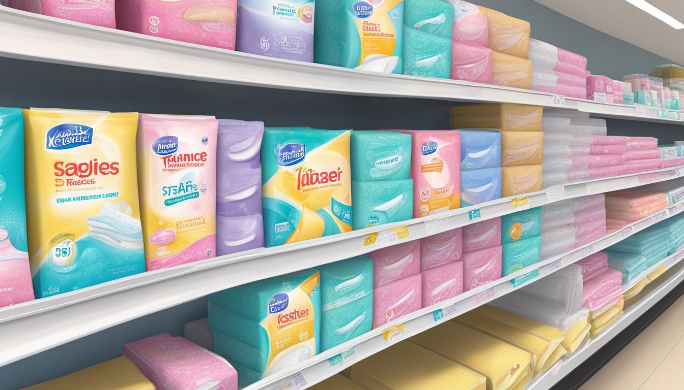 A variety of feminine hygiene pads displayed on a shelf at Market Basket