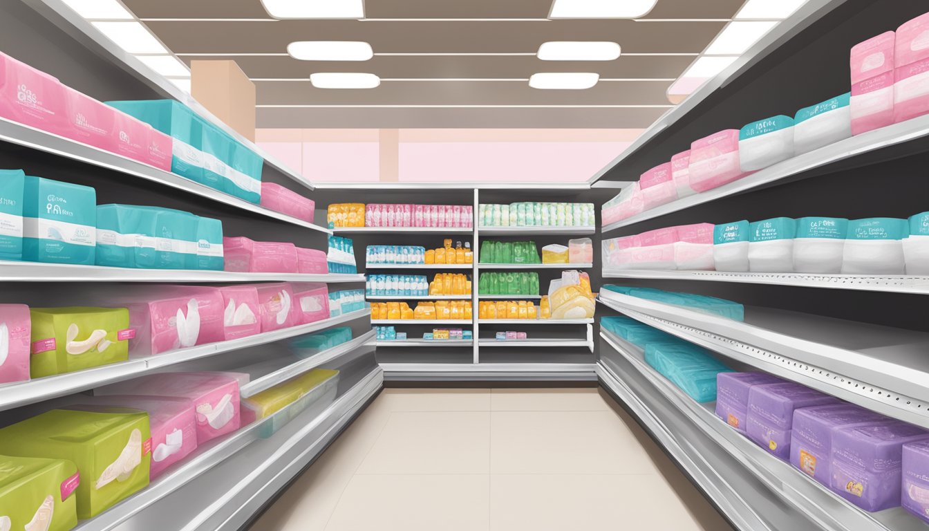 A display of feminine hygiene pads on a shelf at Market Basket, with a sign indicating health and safety considerations