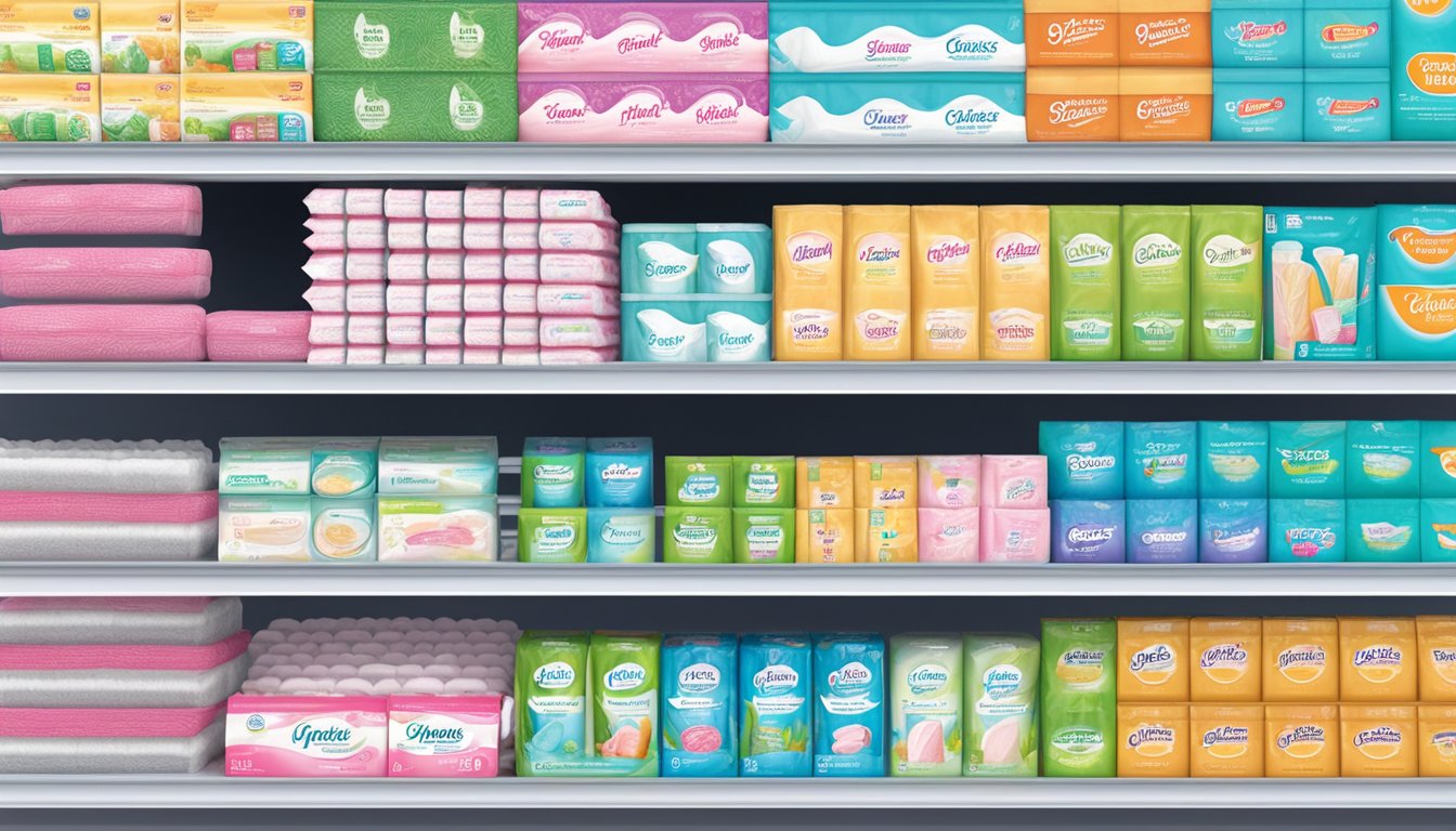 A variety of feminine hygiene pads displayed on a shelf at a market basket, with different brands and product lines showcased