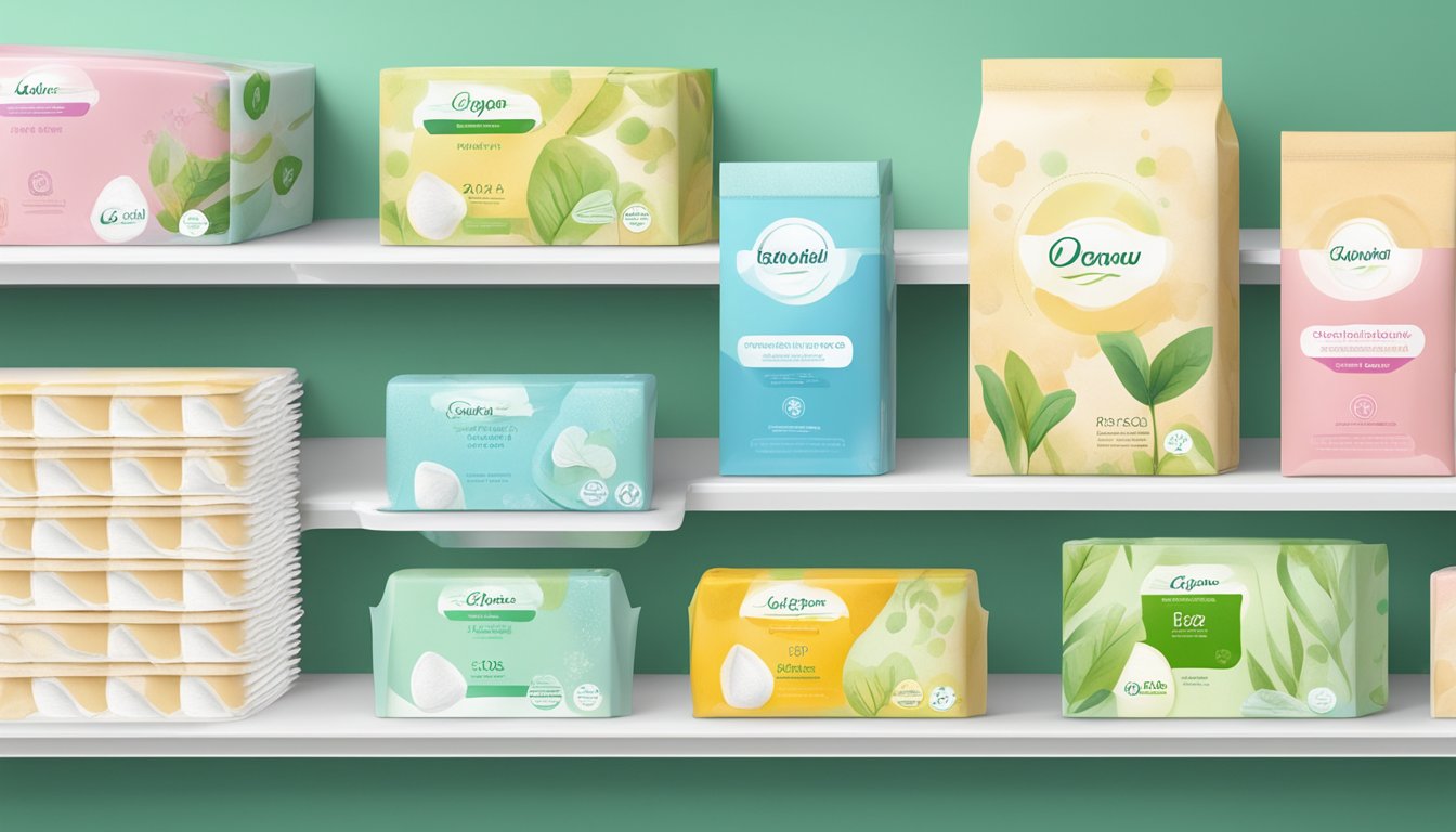 A row of eco-friendly feminine hygiene pads on a store shelf, surrounded by natural and sustainable packaging