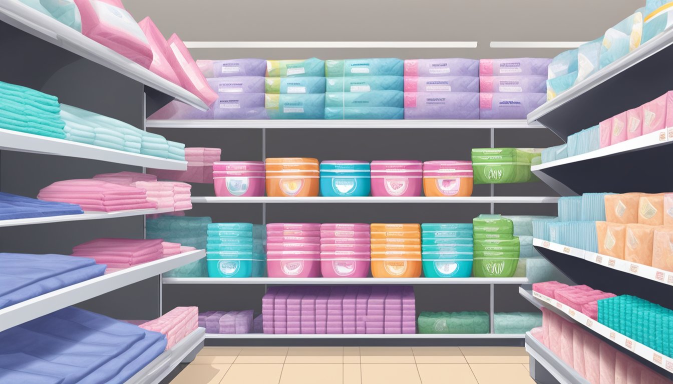 A variety of feminine hygiene pads displayed on shelves at a market basket, with different brands and absorbency levels to choose from