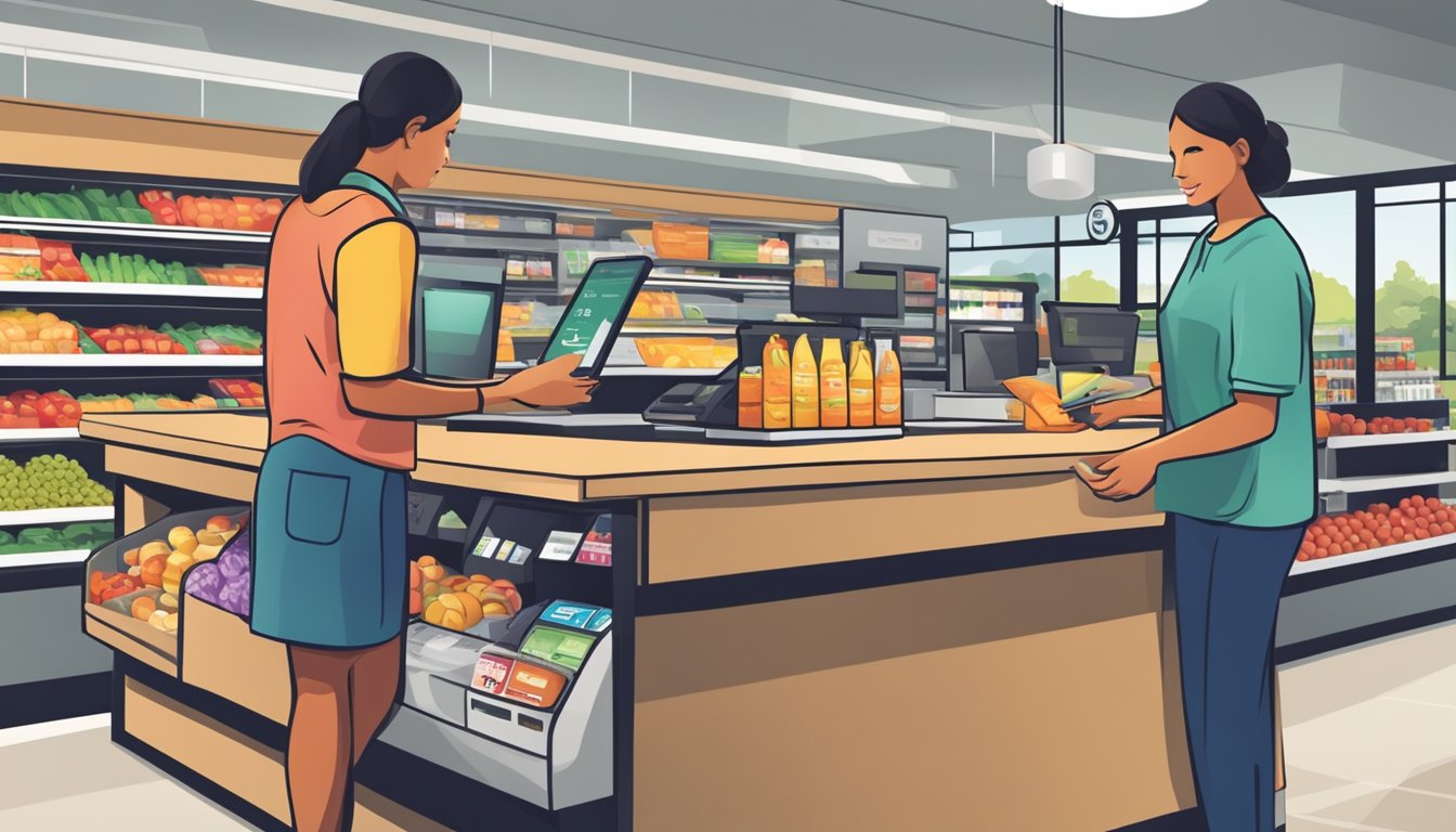 A grocery store checkout counter with a cashier scanning groceries and a customer swiping an EBT or SNAP card