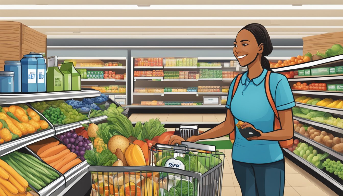 A grocery store register with EBT/SNAP logo, customer with groceries