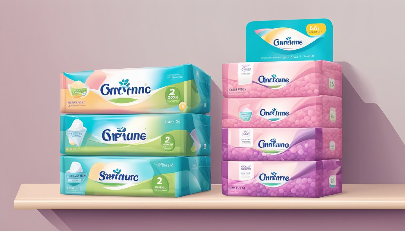 A pack of feminine care pads displayed on a shelf with colorful packaging