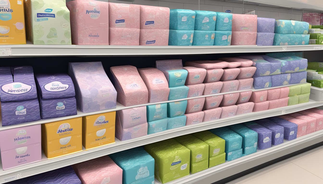 A display of feminine care pads from different brands at an Aldi store