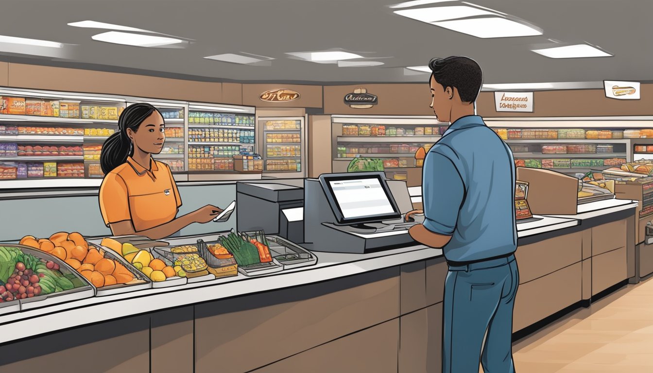 A cashier scanning groceries, a customer swiping an EBT card at the checkout counter in a Ralphs store