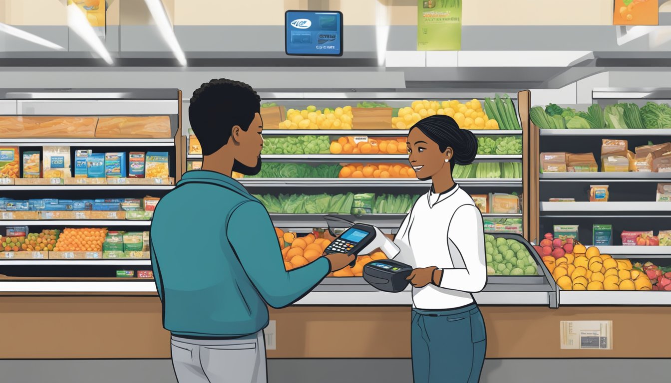 A cashier at Ralphs scans groceries while a customer holds an EBT card, with a SNAP logo visible on the payment terminal