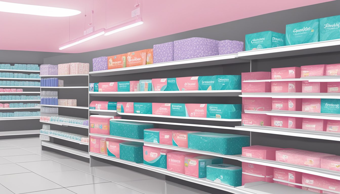 A display of affordable feminine care pads on shelves at Family Dollar