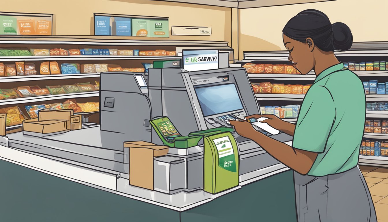 A person swiping an EBT card at a Safeway checkout counter