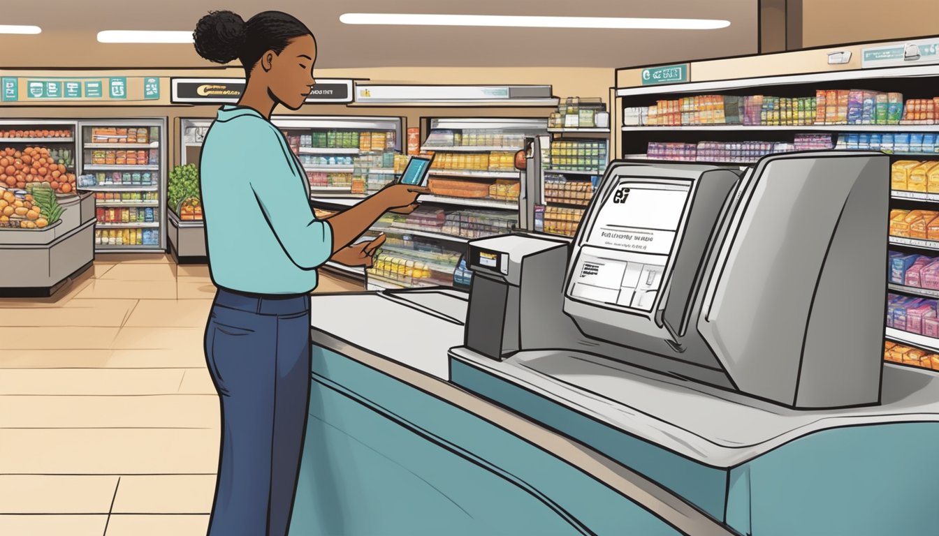 A person swiping an EBT card at the checkout counter in a Safeway store