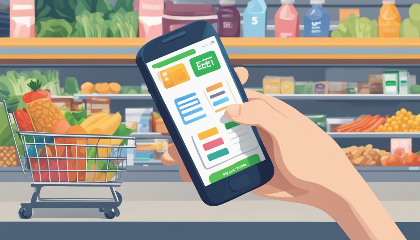 A person using a smartphone to browse a grocery store website, with a shopping cart filled with various food items and a SNAP/EBT card nearby