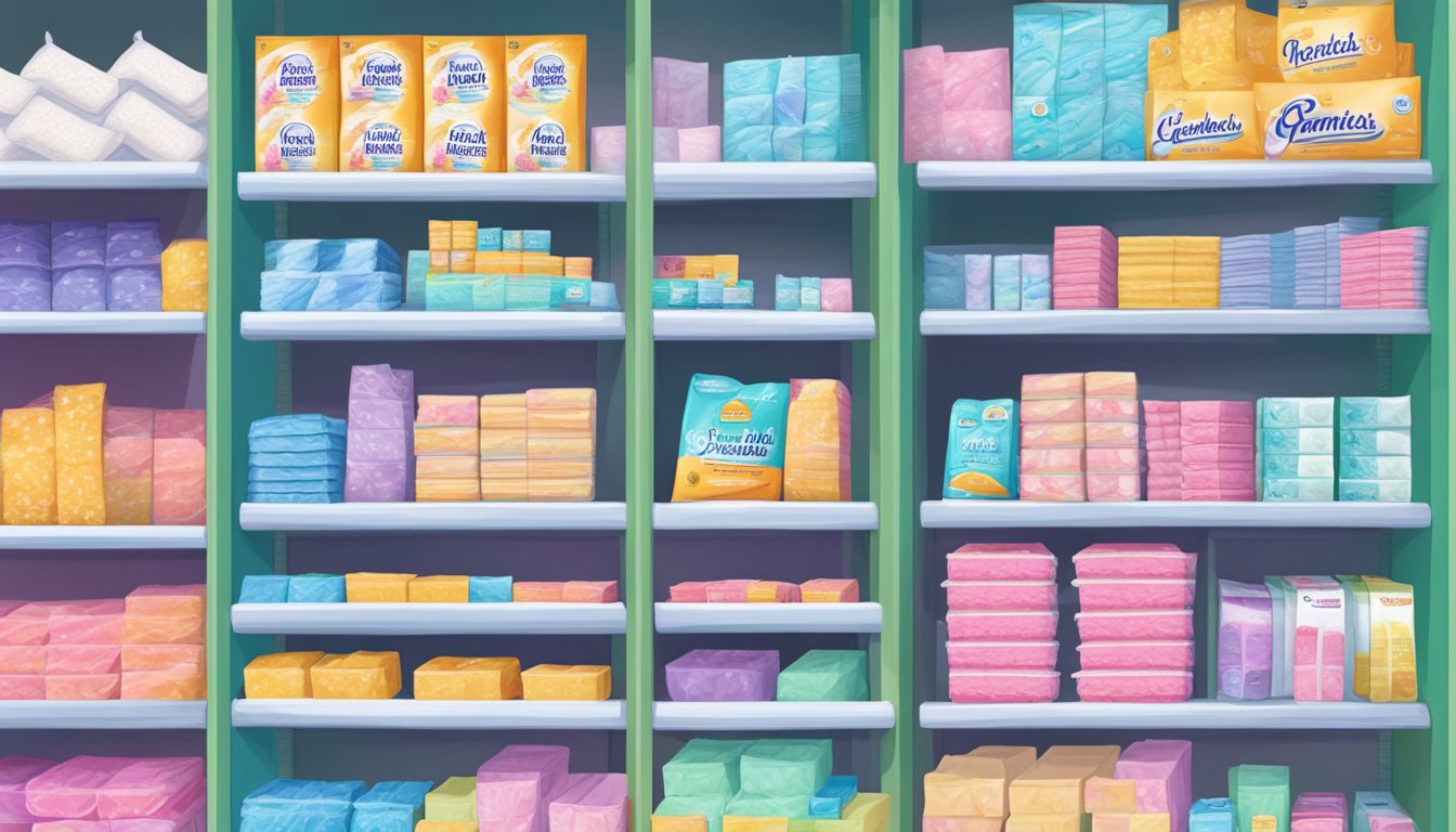 A shelf stocked with colorful feminine hygiene pads at Cardenas Markets