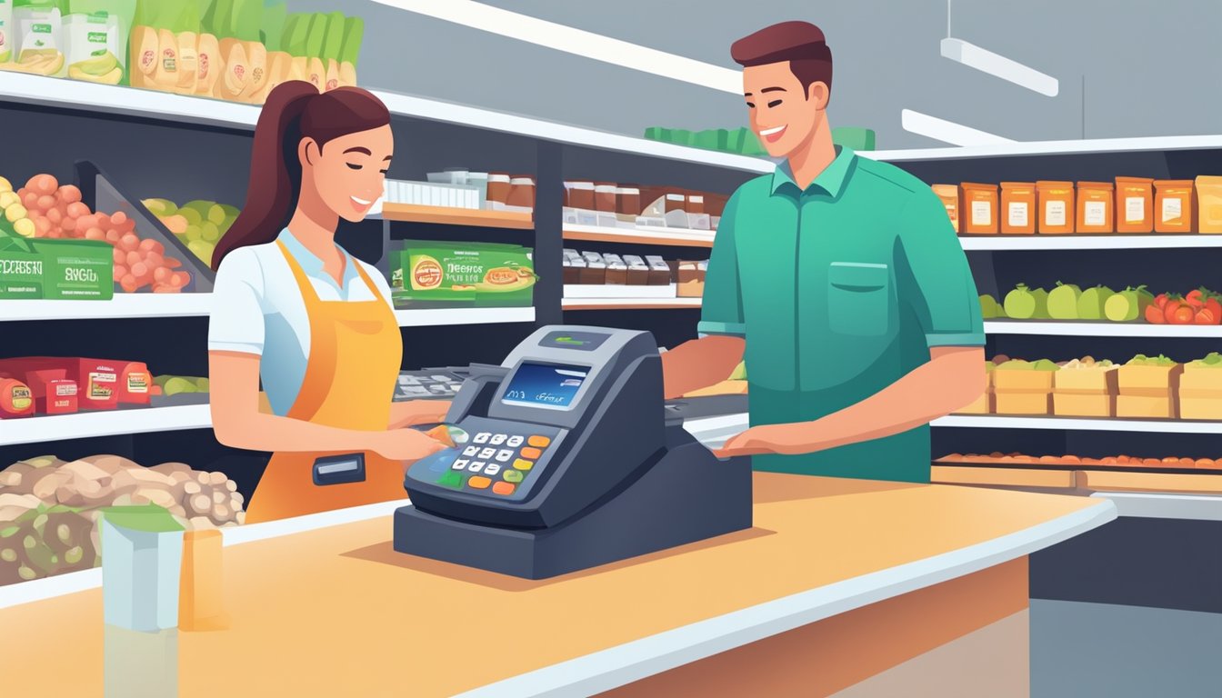 A grocery store checkout counter with a cashier scanning groceries and a customer inserting an EBT card into the payment terminal