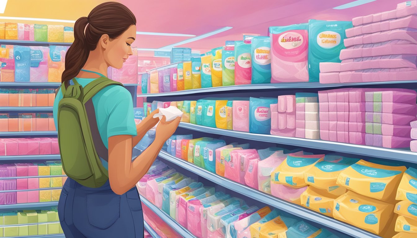 A woman selects feminine hygiene pads from a colorful display at Cardenas Markets