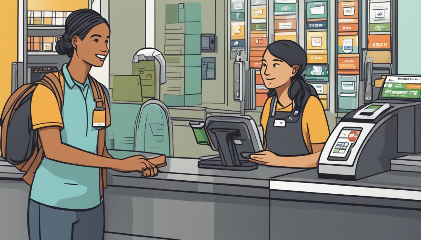 A cashier at Safeway swipes an EBT card at the payment terminal, while a customer looks on with a hopeful expression