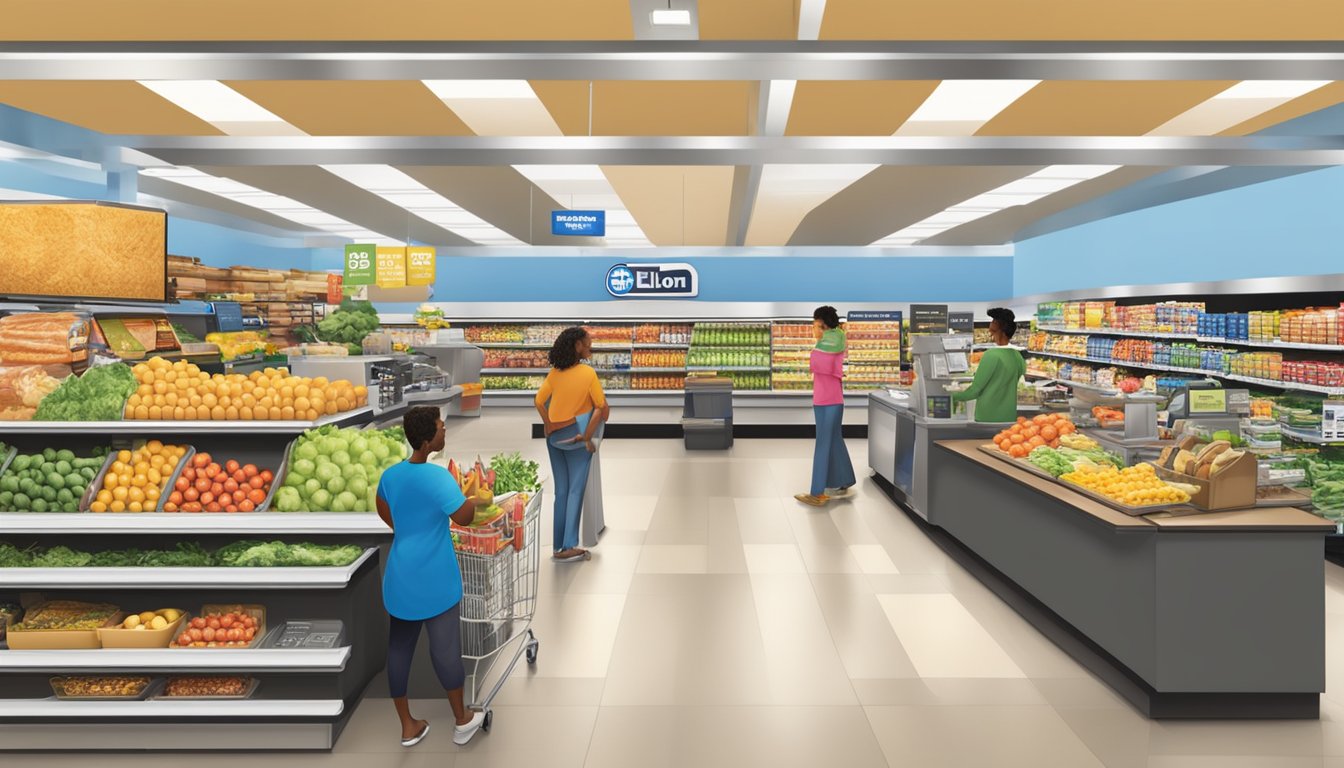 A Food Lion store with EBT and SNAP logos visible at the checkout counter, alongside various groceries and a diverse group of customers