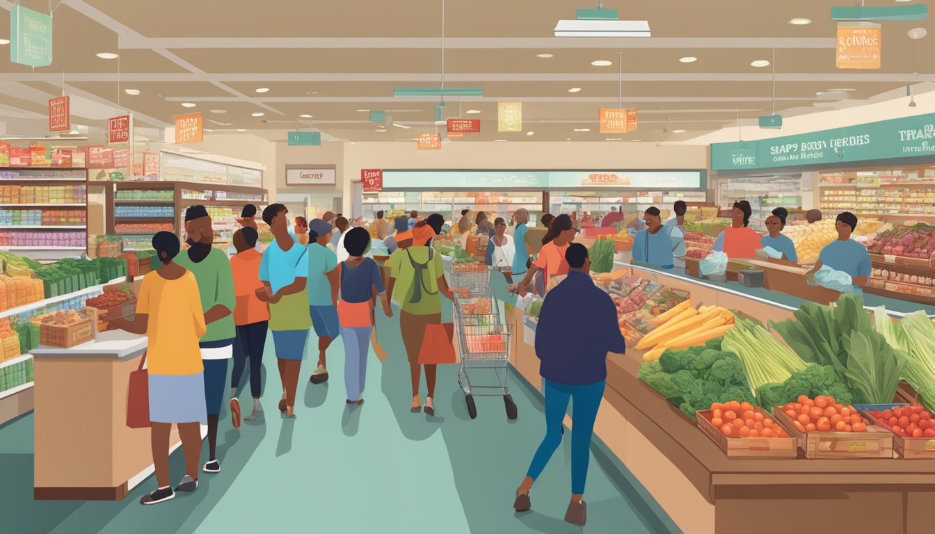 A bustling Trader Joe's store with a diverse group of customers at the checkout counter, some using EBT and SNAP benefits to purchase groceries