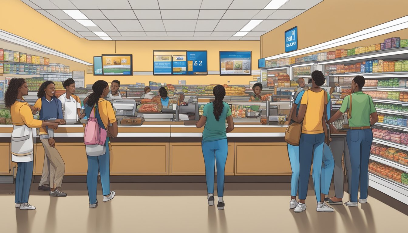 A bustling Food Lion store with a diverse group of people shopping, and a cashier processing an EBT/SNAP transaction at the checkout counter