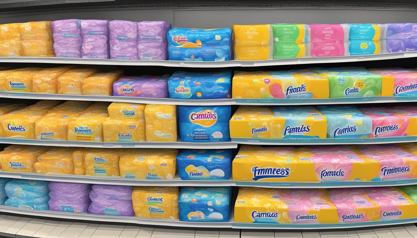 A colorful display of Pads feminine hygiene pads at Cardenas Markets, showcasing different sizes and absorbencies, with clear packaging and vibrant branding