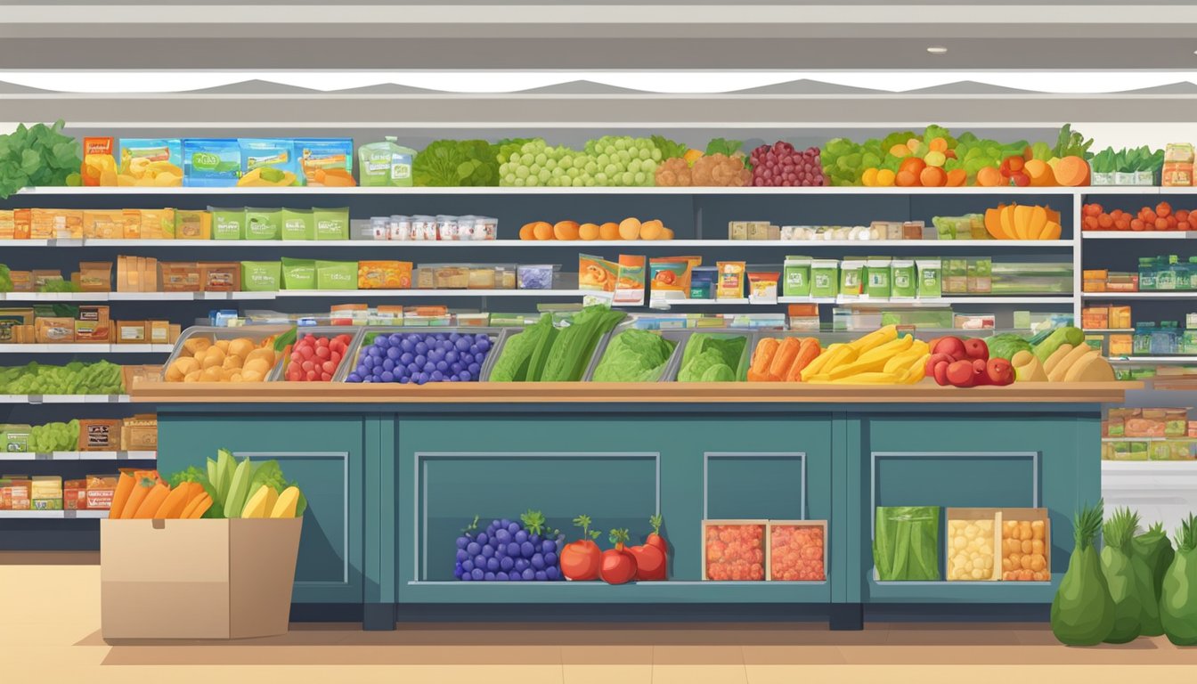 A grocery store checkout counter with a mix of eligible and non-eligible items, including fresh produce, packaged goods, and household items