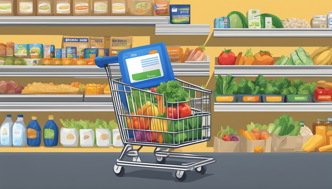 A shopping cart filled with groceries, including fresh produce, dairy products, and canned goods, with an EBT card being swiped at the checkout counter in an Aldi store