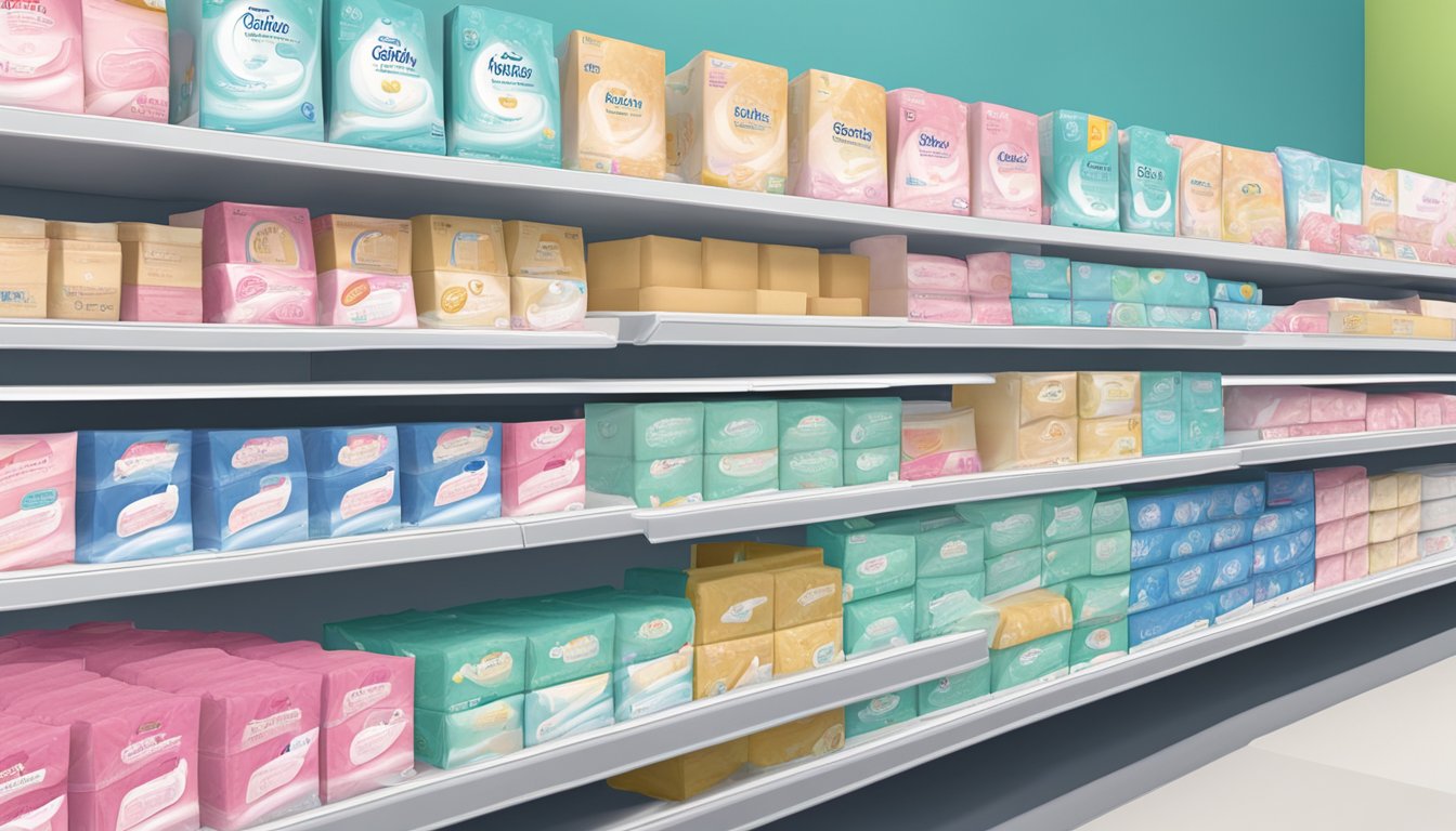 A display of feminine care pads on a shelf at Albertsons