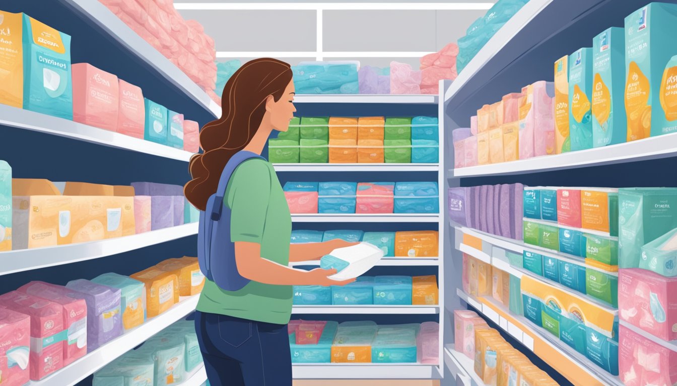 A woman browsing a variety of feminine care pads on a shelf in a well-lit and organized aisle at Albertsons