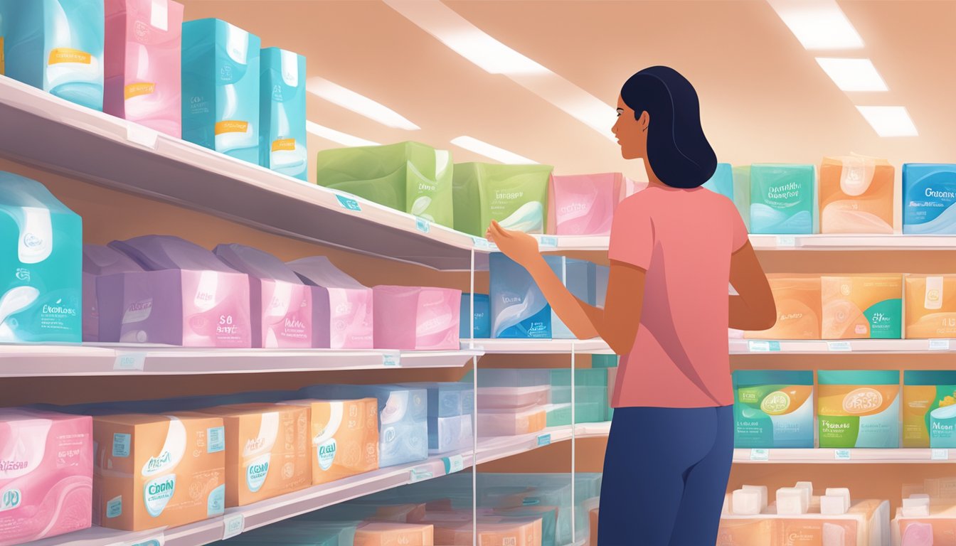 A woman reaches for a package of feminine care pads on a brightly lit shelf at Albertsons