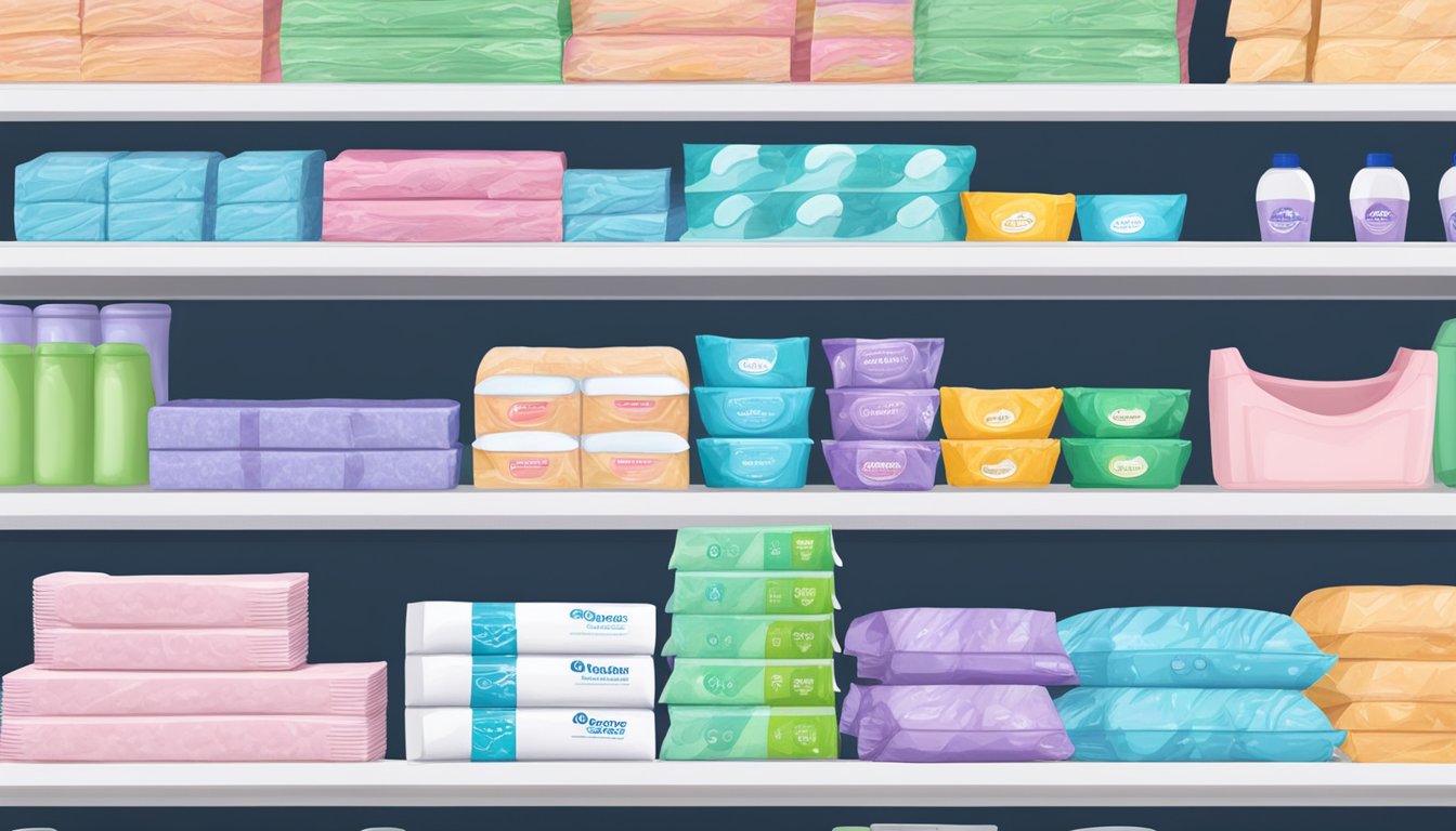 A shelf stocked with feminine care pads at an Albertsons store