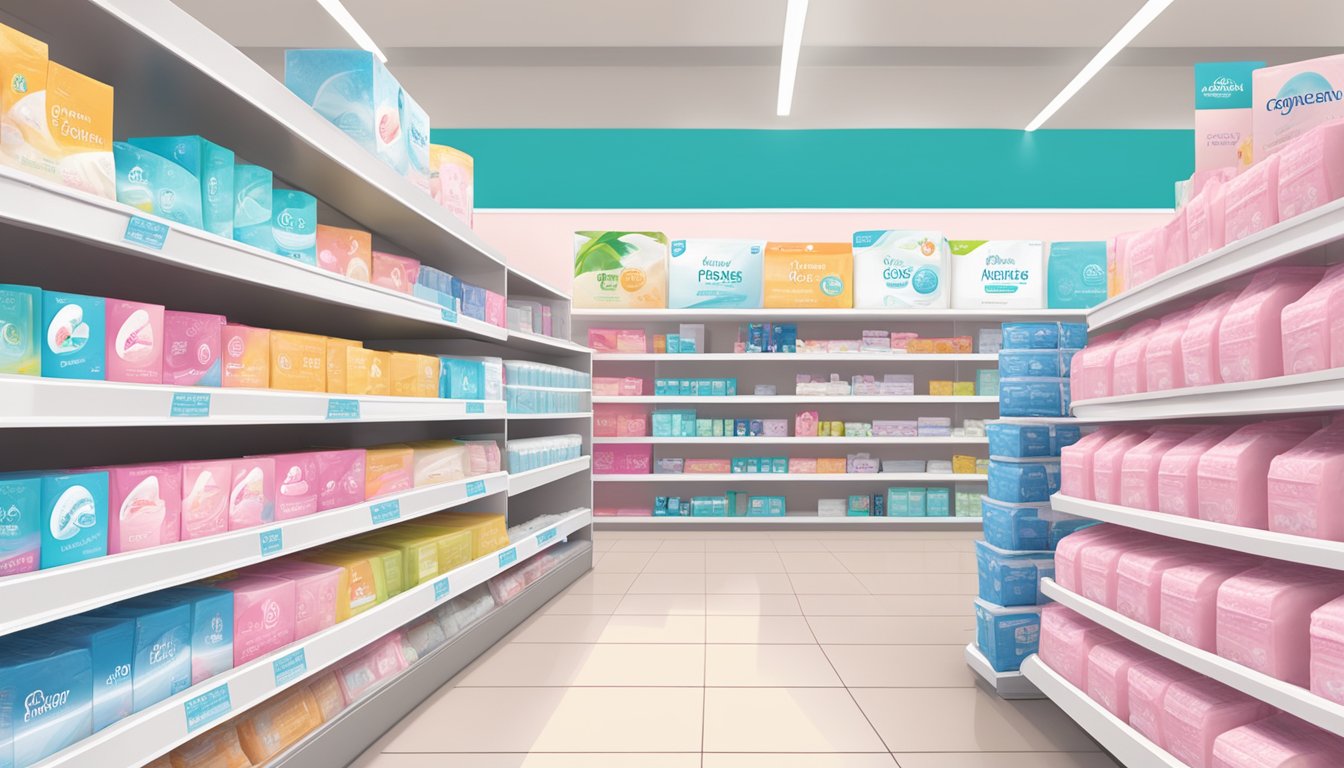 A shelf in a brightly lit store displaying various packages of feminine care pads, with a logo of Albertsons visible in the background