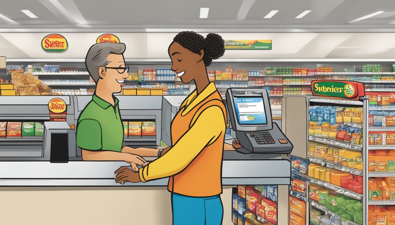 A cashier swipes an EBT card at a Shoprite checkout counter, while a customer watches. The Shoprite logo is visible in the background