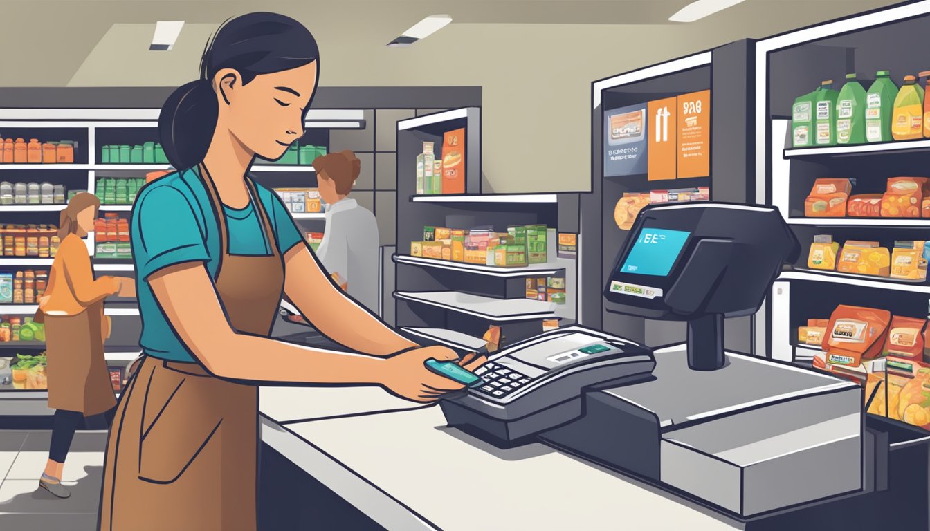 A person swiping an EBT card at a grocery store checkout counter. The cashier is processing the transaction