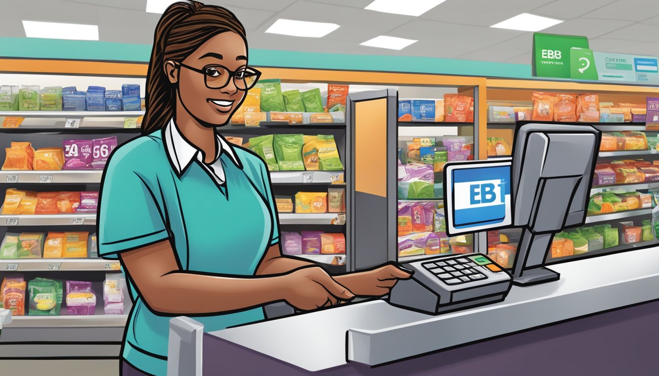 A cashier at Stop & Shop swiping an EBT card at the checkout counter