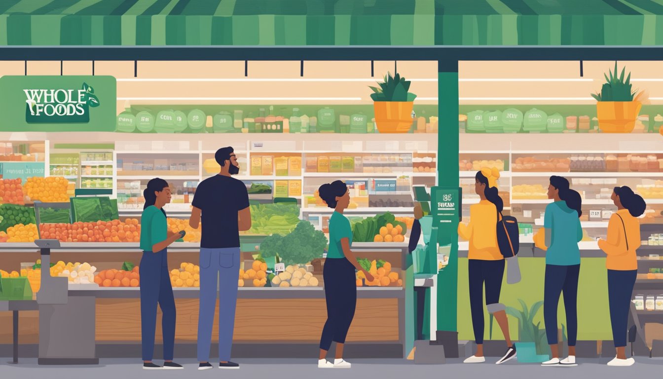 A bustling Whole Foods Market with customers selecting groceries, while a cashier scans items and a sign advertises cashback opportunities