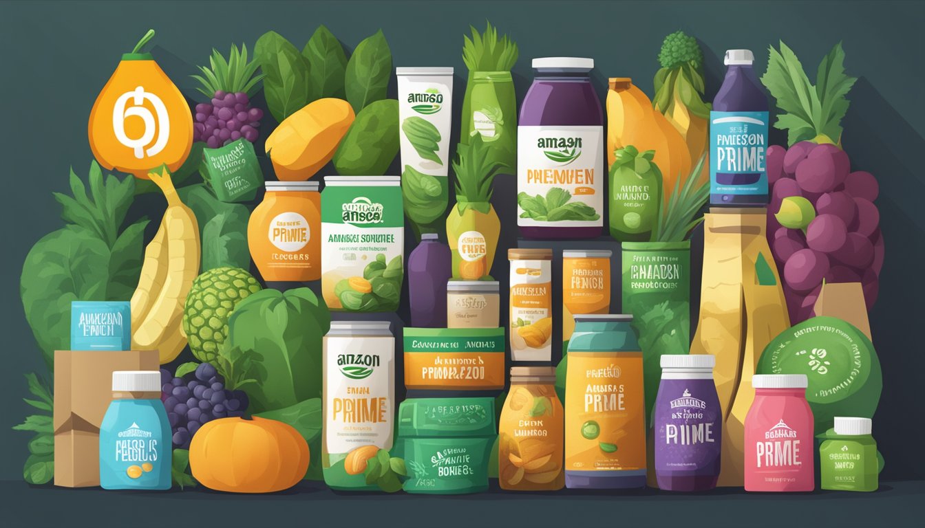 A colorful display of Whole Foods products with a prominent "Amazon Prime Member Exclusive" sign, surrounded by cashback symbols and discount tags