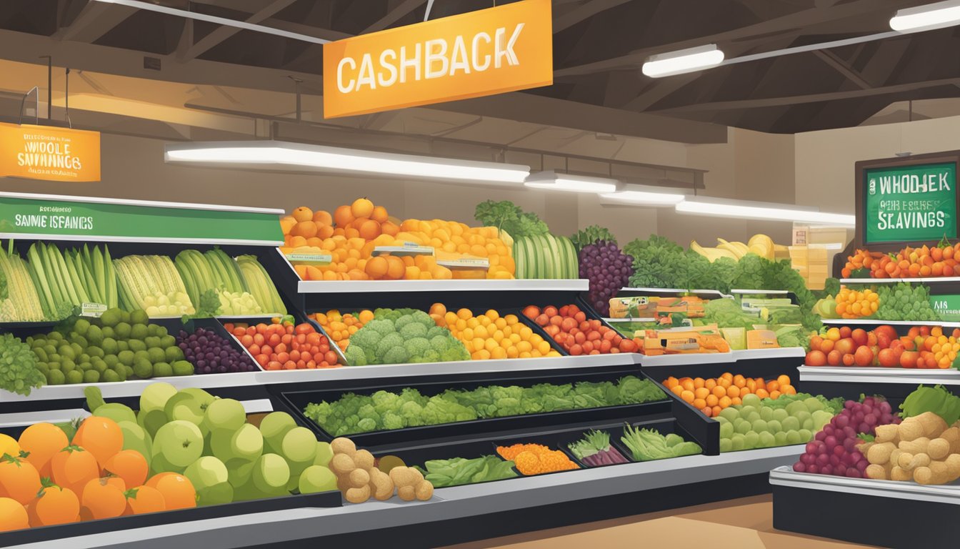 A vibrant display of fresh fruits, vegetables, and packaged organic products at Whole Foods Market, with signs promoting cashback and savings