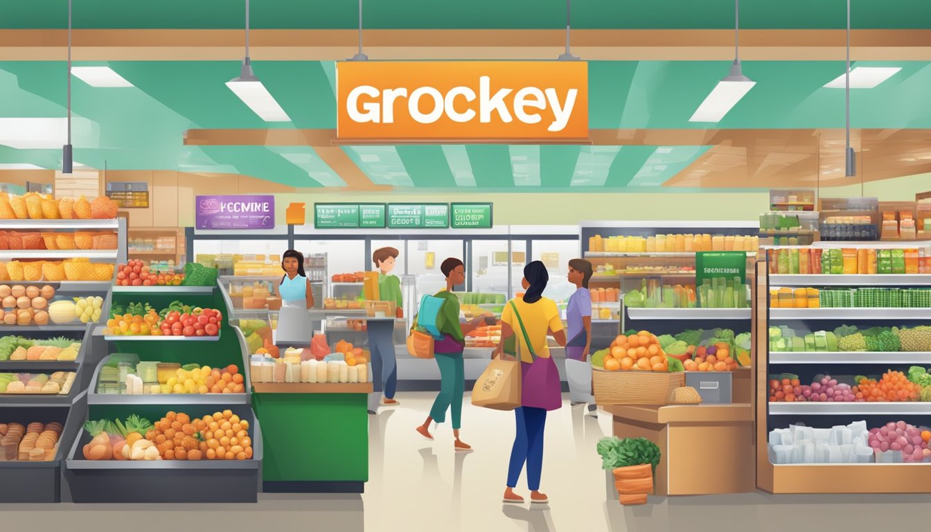 A bustling grocery store with a prominent SNAP sign near the entrance, with various food items and a cashier station in the background