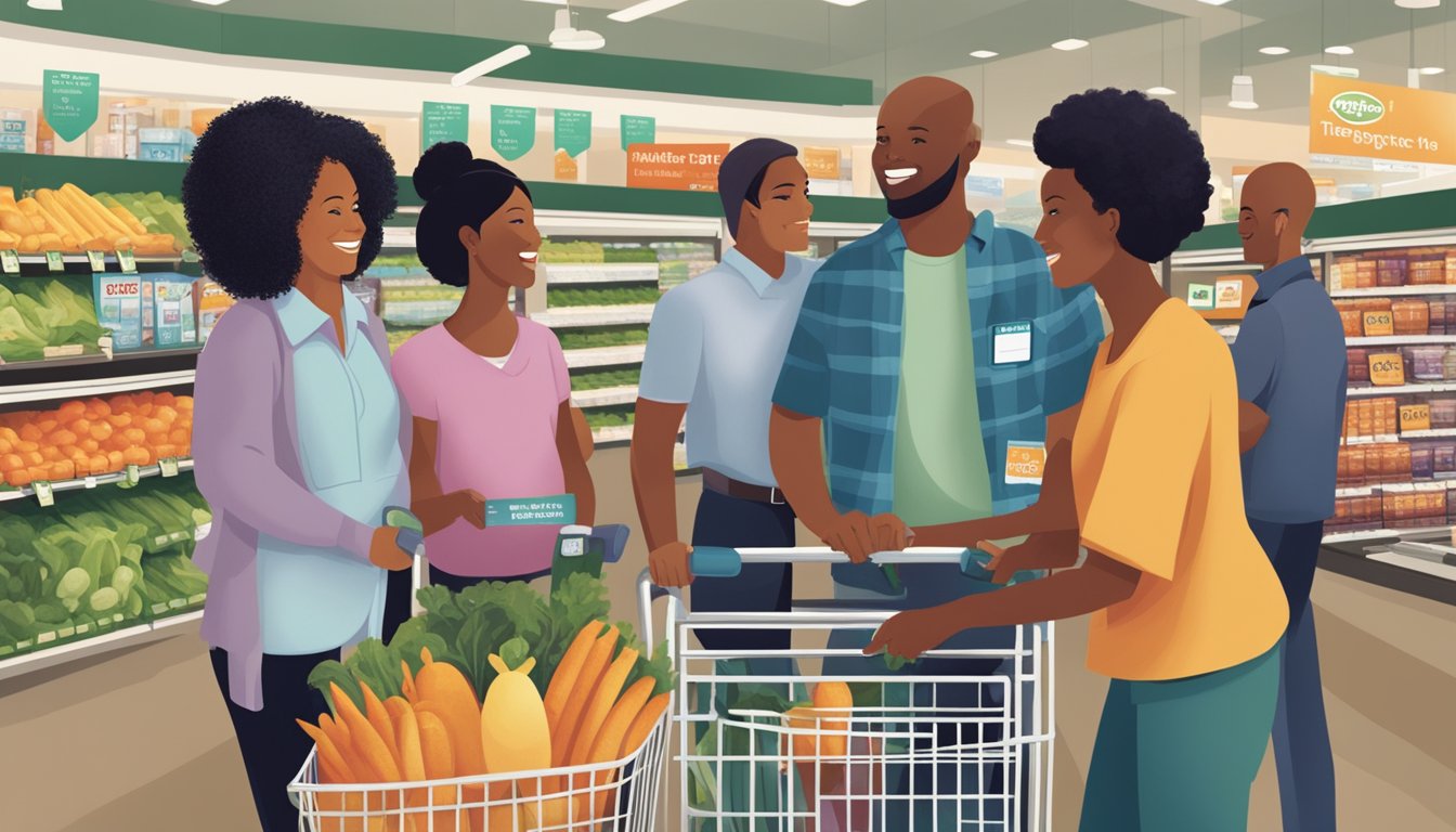 A diverse group of shoppers using EBT cards at a Harris Teeter store, with prominent signs advertising promotions and discounts for EBT/SNAP users