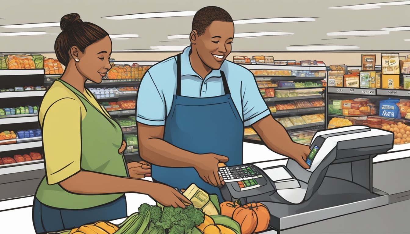 A customer swipes their EBT card at the Wegmans checkout counter, while the cashier scans groceries and bags items