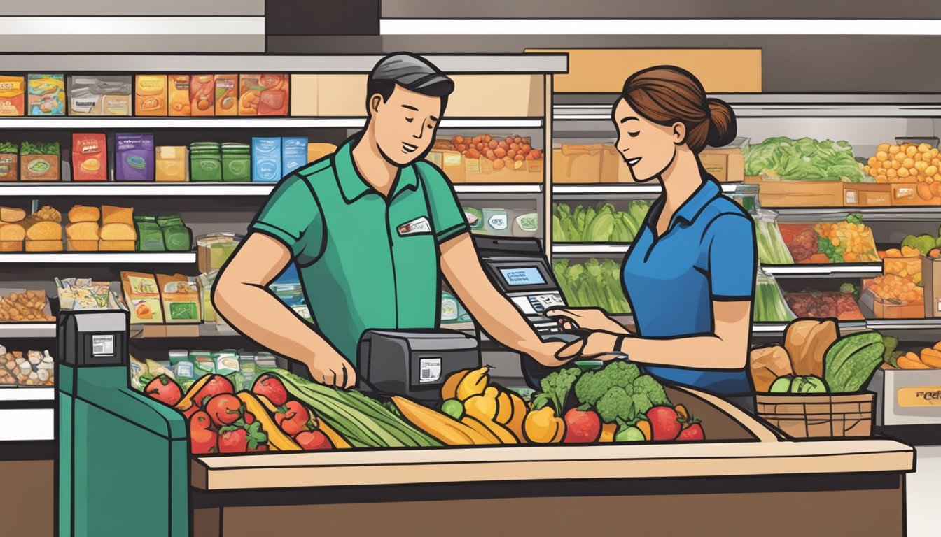 A cashier scanning groceries with a customer swiping an EBT card at a Wegmans store