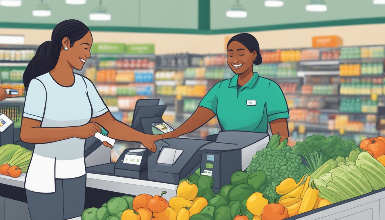 A busy Whole Foods Market cashier swipes an EBT card and a SNAP card for a customer at the checkout counter