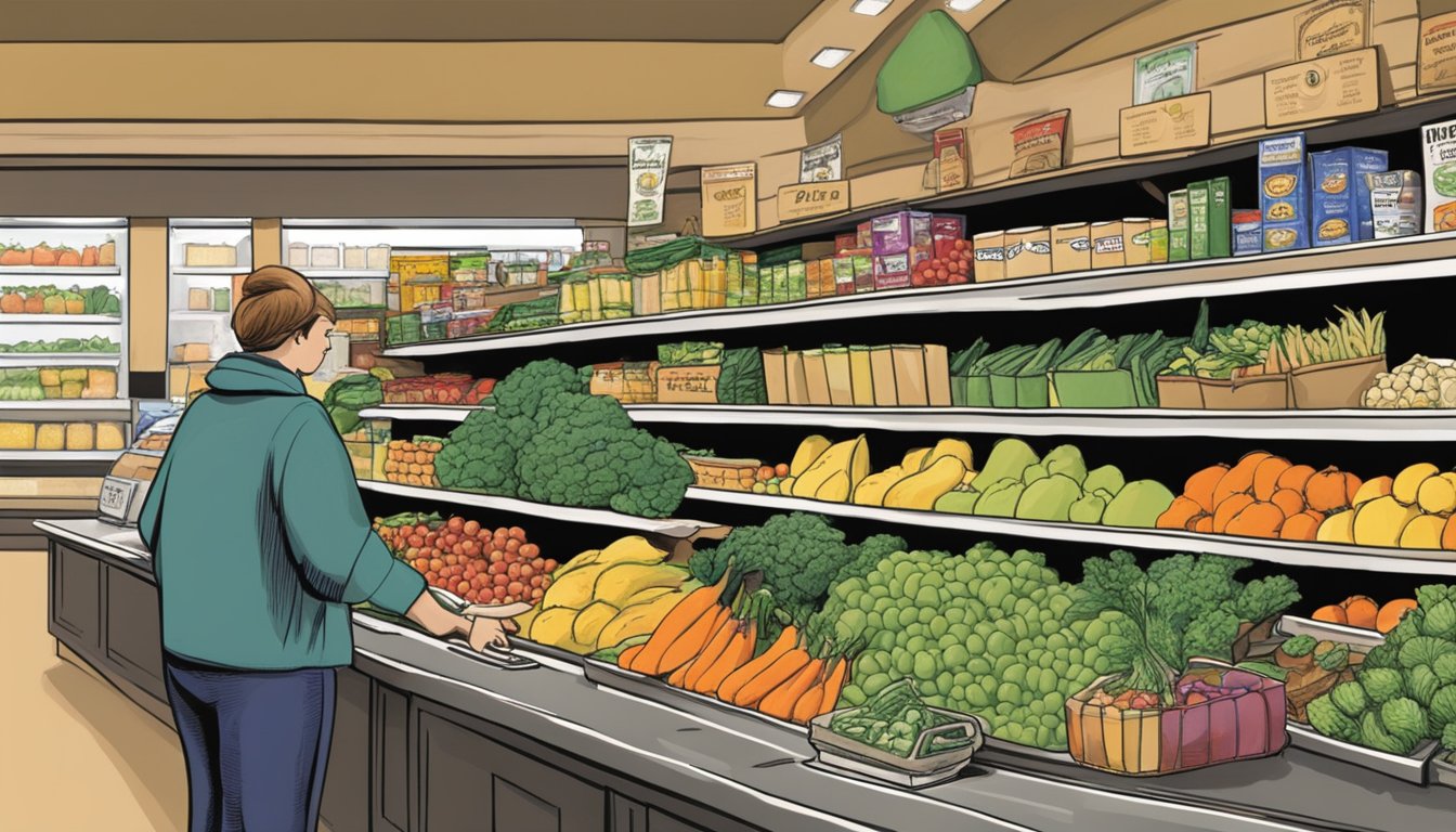 A cashier at Wegmans swipes an EBT card at the register, while a customer selects fresh produce and groceries from the shelves