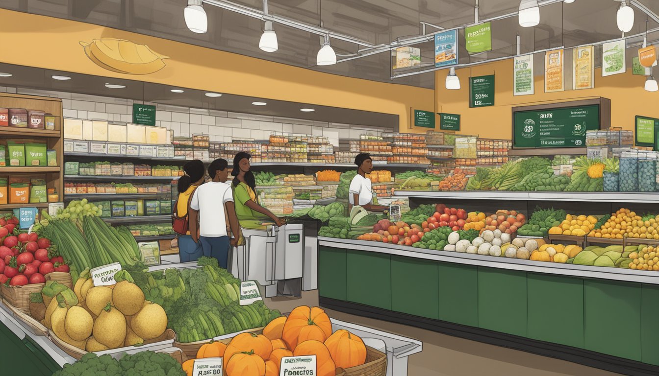 A diverse array of fresh produce, dairy, and pantry items displayed at a Whole Foods Market, with EBT and SNAP logos visible at the checkout counter