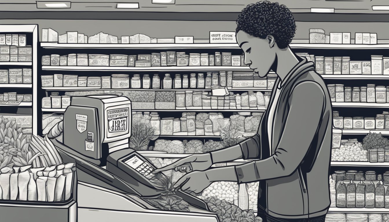 A cashier swipes an EBT card at a Whole Foods Market checkout. A sign indicates acceptance of SNAP benefits