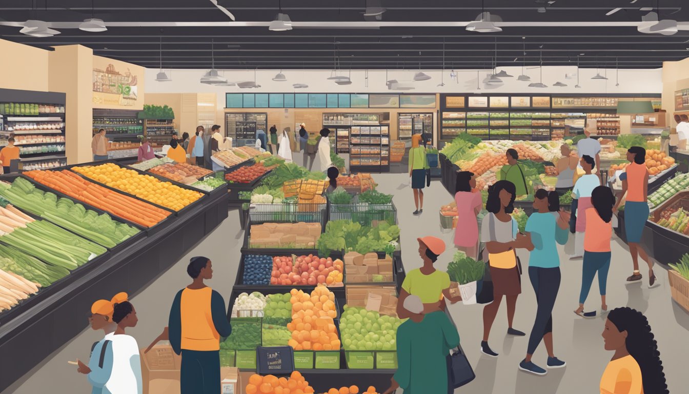 A bustling Whole Foods Market with a diverse crowd using EBT and SNAP for purchases, showing the store's impact on the local community