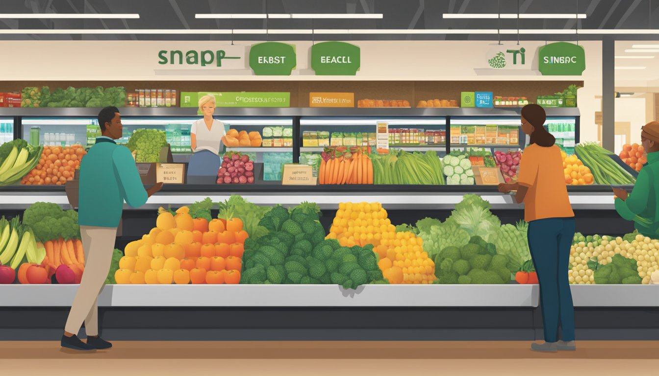 A bustling Whole Foods Market checkout counter with EBT and SNAP logos displayed, customers selecting fresh produce and groceries