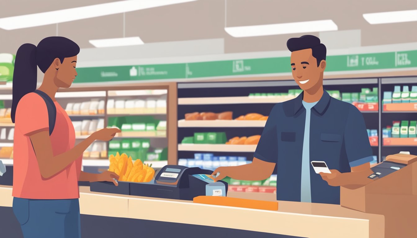 A grocery store cashier swipes an EBT card at the checkout while a customer waits to purchase food items