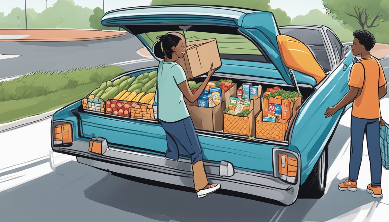 A person placing groceries in a car trunk, with an H-E-B Curbside employee nearby